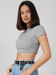 SHEIN BASICS Áo thun crop fit cổ tròn tay ngắn màu trơn dành cho nữ - Màu Xám nhạt - Xem 3