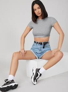 SHEIN BASICS Áo thun crop fit cổ tròn tay ngắn màu trơn dành cho nữ - Màu Xám nhạt - Xem 4