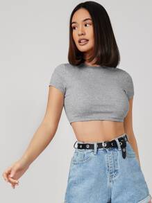 SHEIN BASICS Áo thun crop fit cổ tròn tay ngắn màu trơn dành cho nữ - Màu Xám nhạt - Xem 5