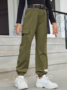 SHEIN 中小學生女孩帶扣口袋腰帶板條裝扮工服褲