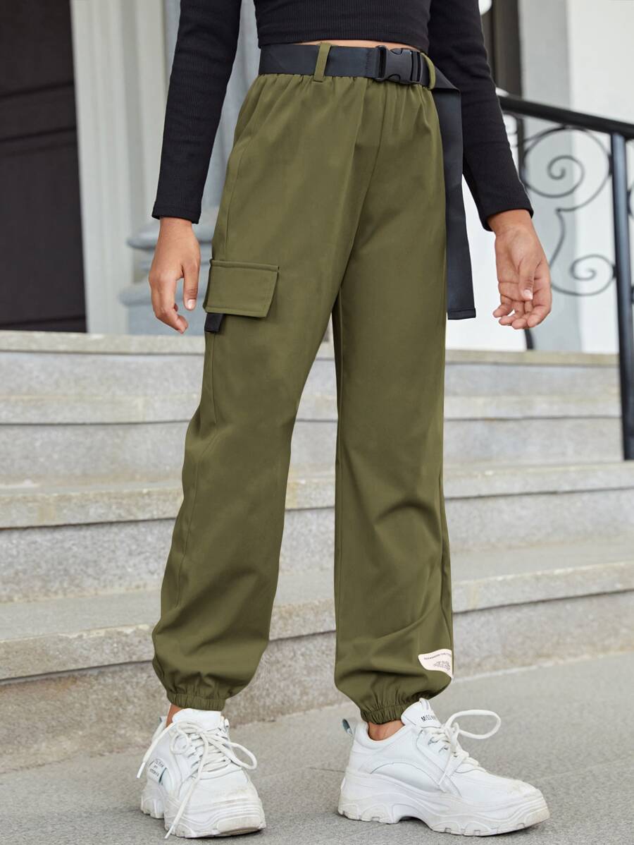 SHEIN 中小學生女孩帶扣口袋腰帶板條裝扮工服褲