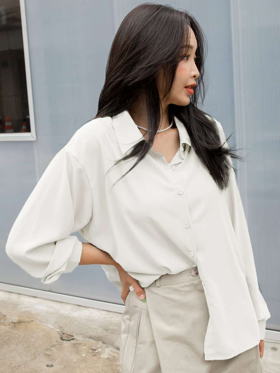 DAZY Drop Shoulder Button Front Shirt,Long Sleeve Tops,Fall Women Clothes - White - View 1