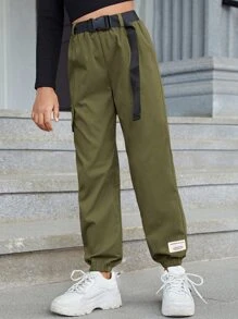 SHEIN 中小學生女孩帶扣口袋腰帶板條裝扮工服褲