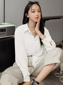 DAZY Drop Shoulder Button Front Shirt,Long Sleeve Tops,Fall Women Clothes - White - View 4