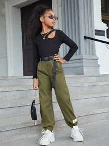 SHEIN 中小學生女孩帶扣口袋腰帶板條裝扮工服褲