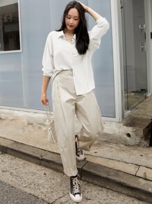 DAZY Drop Shoulder Button Front Shirt,Long Sleeve Tops,Fall Women Clothes - White - View 5