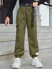 SHEIN 中小學生女孩帶扣口袋腰帶板條裝扮工服褲