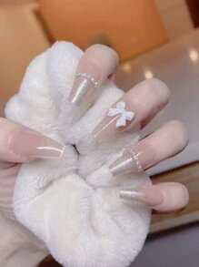 Transform Your Nails With 24pcs Long Coffin Glitter Rhinestone 3D Bow Decor Fake Nail & 1pc Nail File & 1sheet Tape Press On Nails Nail Supplies - Clear - View 1