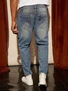 Manfinity Homme Men Cotton Bleach Wash Tapered Jeans - Medium Wash - View 3