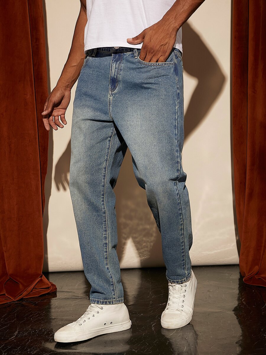 Manfinity Homme Men Cotton Bleach Wash Tapered Jeans - Medium Wash - View 1