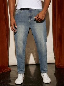 Manfinity Homme Men Cotton Bleach Wash Tapered Jeans - Medium Wash - View 5