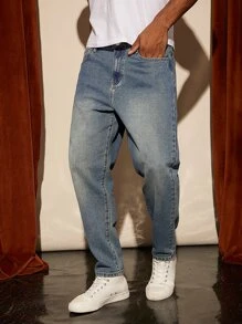 Manfinity Homme Men Cotton Bleach Wash Tapered Jeans - Medium Wash - View 6