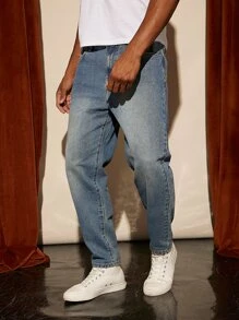 Manfinity Homme Men Cotton Bleach Wash Tapered Jeans - Medium Wash - View 7