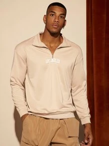 Manfinity RelaxMax Men Letter Graphic Quarter Zipper Sweatshirt - Khaki - View 3