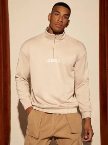 Manfinity RelaxMax Men Letter Graphic Quarter Zipper Sweatshirt - Khaki - View 2