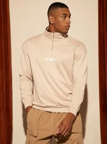 Manfinity RelaxMax Men Letter Graphic Quarter Zipper Sweatshirt - Khaki - View 6