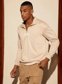 Manfinity RelaxMax Men Letter Graphic Quarter Zipper Sweatshirt - Khaki - View 8