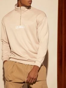 Manfinity RelaxMax Men Letter Graphic Quarter Zipper Sweatshirt - Khaki - View 1