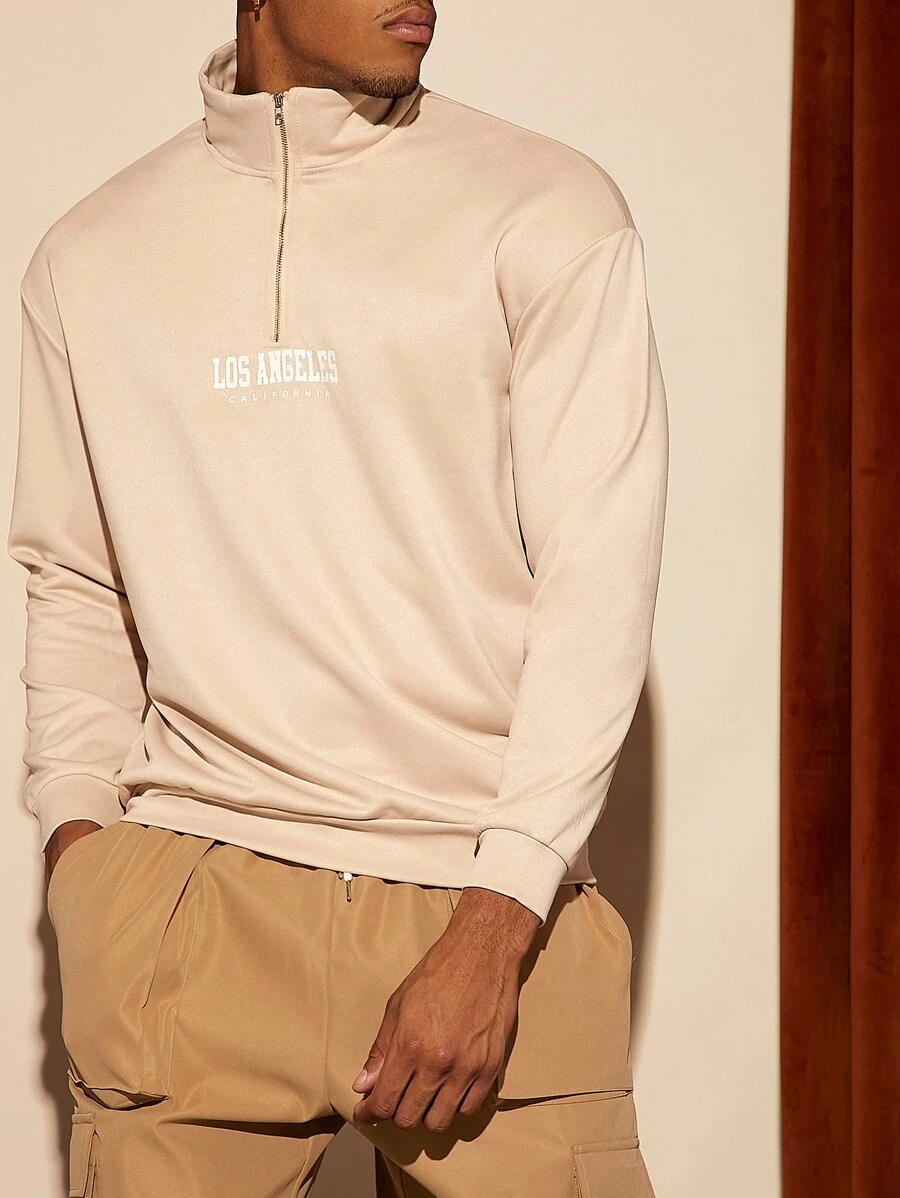 Manfinity RelaxMax Men Letter Graphic Quarter Zipper Sweatshirt - Khaki - View 1