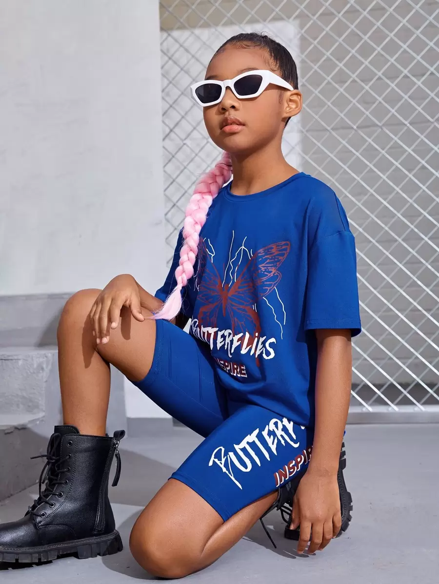 SHEIN 女孩字母與蝴蝶印花落肩T恤和騎行褲 - 藍色 - 查看 1
