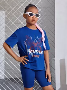SHEIN 女孩字母與蝴蝶印花落肩T恤和騎行褲 - 藍色 - 查看 4