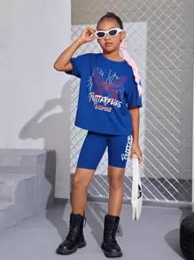 SHEIN 女孩字母與蝴蝶印花落肩T恤和騎行褲 - 藍色 - 查看 5