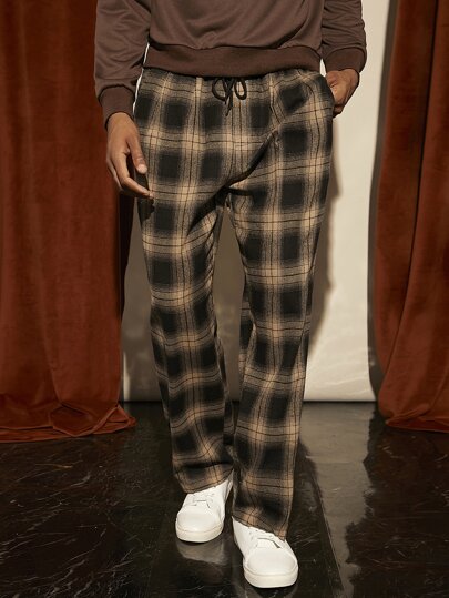 Men Plaid Drawstring Waist Pants