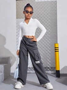 SHEIN Girls Letter Patched Flap Pocket Trousers - Dark Grey - View 4