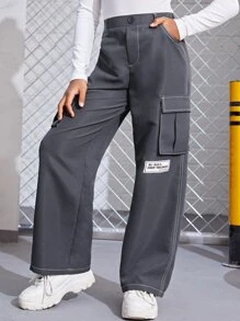 SHEIN Girls Letter Patched Flap Pocket Trousers - Dark Grey - View 5