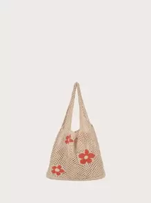 Bolso Tejido De Compras Con Estampado Floral Ligero Y Casual Para Adolescentes, Mujeres, Estudiantes Universitarios Perfecto Para La Universidad, La Escuela Secundaria, La Preparatoria, Actividades Al Aire Libre, Viajes, Excursiones, Compras - Albaricoque - Ver 1