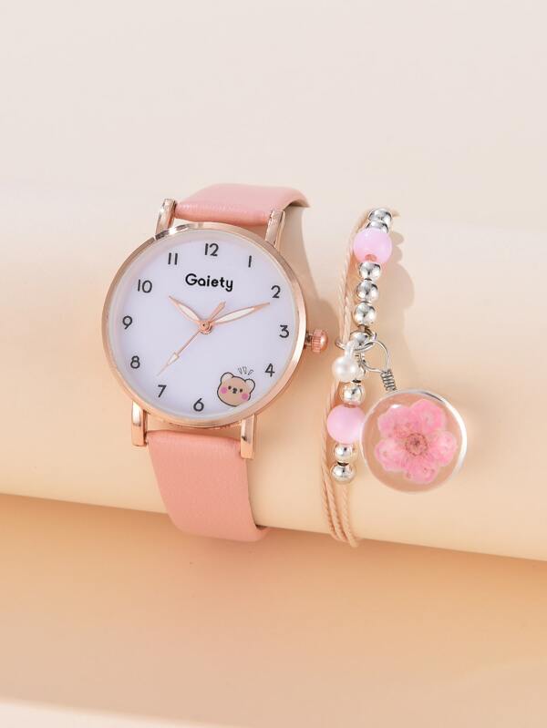 1pc Kids Round Pointer Quartz Watch & 1pc Bracelet