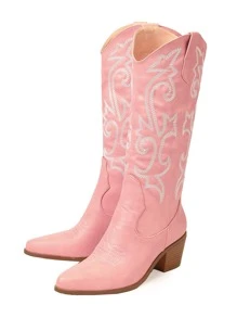Botas voluta con bordado con tacón grueso - Rosa coral - Ver 3