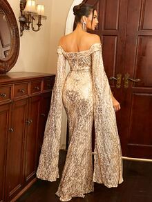 Missord 一字肩亮片舞會連衣裙 - 香檳色 - 查看 2