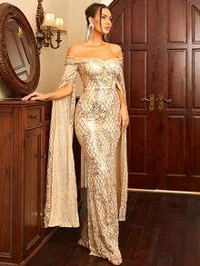 Missord 一字肩亮片舞會連衣裙 - 香檳色 - 查看 5