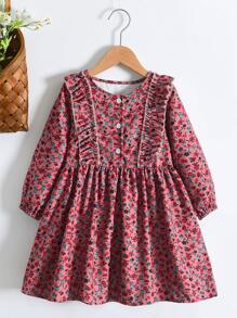 Toddler Girls Ditsy Floral Ruffle Trim Half Button Dress - Pink - View 1