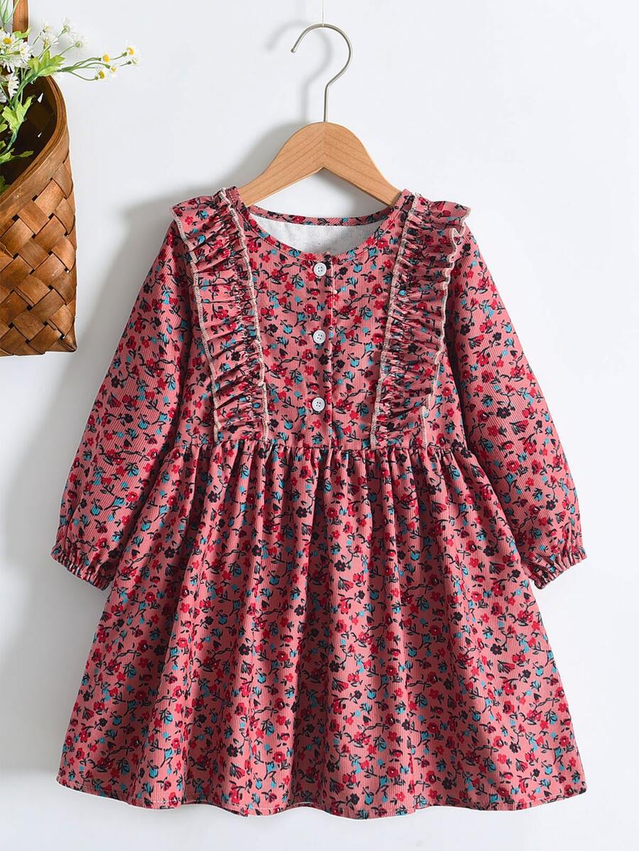 Toddler Girls Ditsy Floral Ruffle Trim Half Button Dress - Pink - View 1