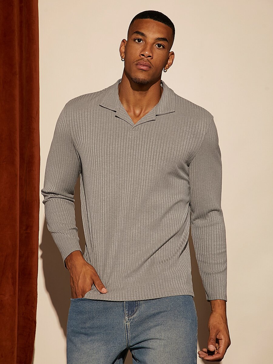 Manfinity Hombres Camisa polo unicolor tejido de canalé - Gris - Ver 1