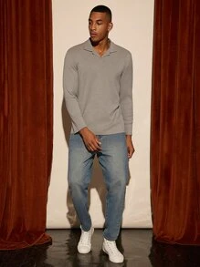 Manfinity Hombres Camisa polo unicolor tejido de canalé - Gris - Ver 4