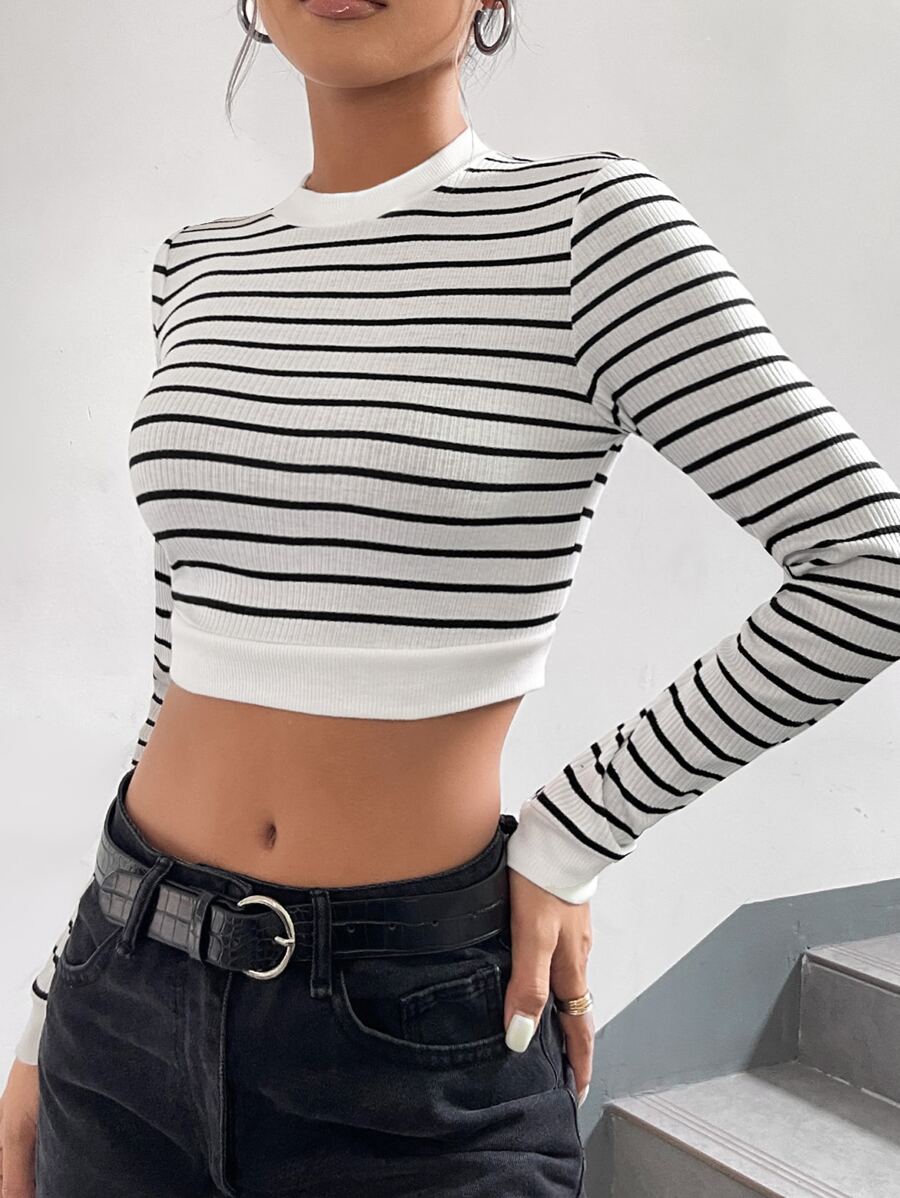 Muchica Striped Mock Neck Crop Tee - Black and White - View 1