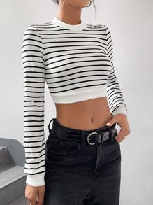 Muchica Striped Mock Neck Crop Tee - Black and White - View 3