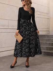 Graphic Print Belted A-line Dress - Black - View 6