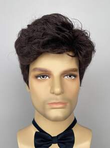 Men's Short Curly Brown Synthetic Wig With Bangs Short Layered Side Part Brown Wigs For Men Daily Wear - Brown - View 1