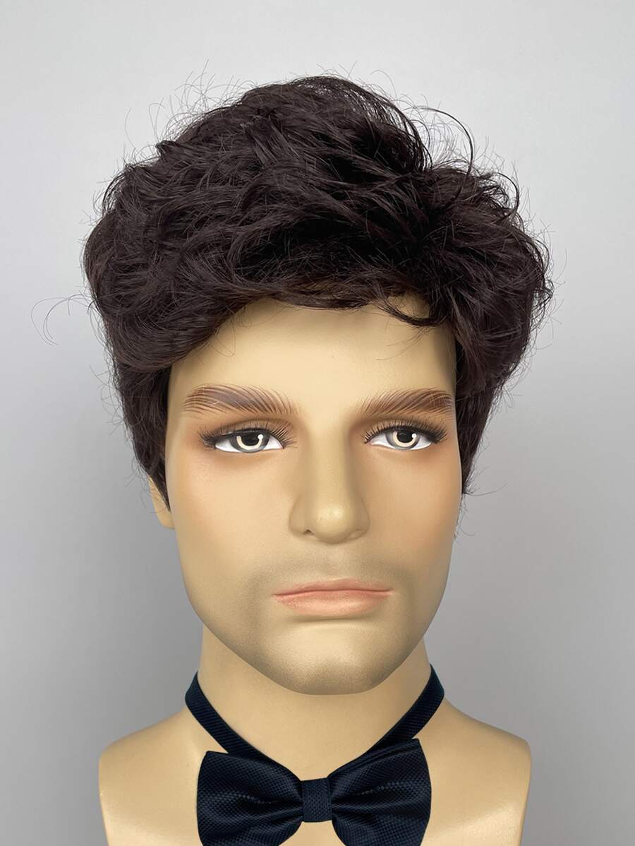 Men's Short Curly Brown Synthetic Wig With Bangs Short Layered Side Part Brown Wigs For Men Daily Wear - Brown - View 1