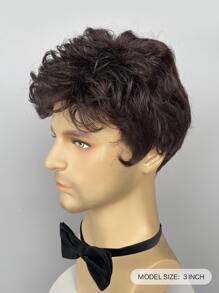 Men's Short Curly Brown Synthetic Wig With Bangs Short Layered Side Part Brown Wigs For Men Daily Wear - Brown - View 2