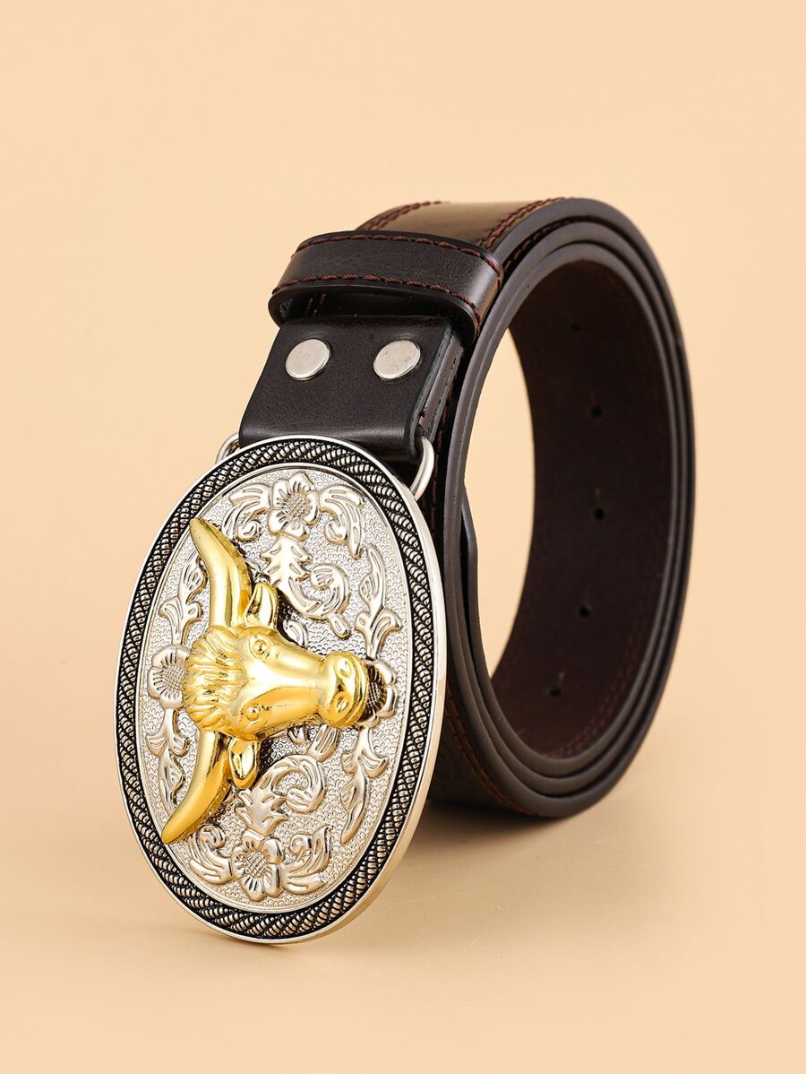 Cinturón con hebilla ovalada cabeza de toro - Marrón - Ver 1