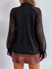 SHEIN Essnce Swiss Dot Contrast Flounce Sleeve Blouse - Black - View 2