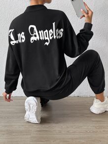 SHEIN Unity Pantalones deportivos con pullover con estampado de letra de hombros caídos - Negro - Ver 1