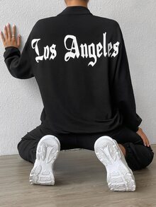 SHEIN Unity Pantalones deportivos con pullover con estampado de letra de hombros caídos - Negro - Ver 2