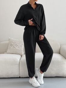 SHEIN Unity Pantalones deportivos con pullover con estampado de letra de hombros caídos - Negro - Ver 3