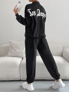 SHEIN Unity Pantalones deportivos con pullover con estampado de letra de hombros caídos - Negro - Ver 5
